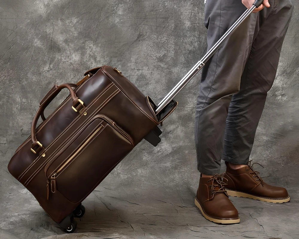 red leather carry on luggage